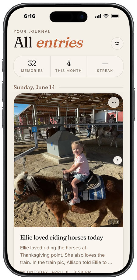 Remhaven journal app showing memory entries with photos and moments
